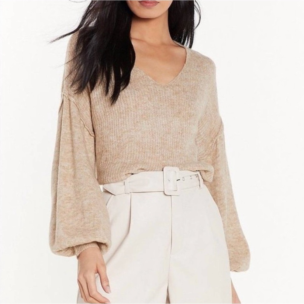 Nasty Gal warm up to me balloon sleeve v neck tan camel sweater